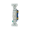 Eaton 1301-7W white single-pole residential toggle switch, 15A 120V, flush mount, polycarbonate body, side and push wire terminals, compatible with LED, CFL, incandescent, motor control, and fan loads, cULus listed.