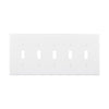 Eaton PJ5W 5-gang white toggle wallplate, mid-size polycarbonate design with five toggle switch openings, durable and RoHS compliant for residential or commercial use.