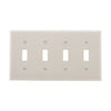 Eaton 5154W-BOX white 4-gang toggle wallplate made of durable nylon, standard size, with four toggle switch cutouts – ideal for residential or commercial use.