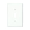 Eaton PJ1W white polycarbonate single-gang toggle wallplate, mid-size, durable impact-resistant material, designed for standard toggle switches, UL and cULus certified, clean modern finish.