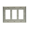 Stainless steel 3-gang decorator/GFCI wallplate by Eaton, model 93403-BOX, with a brushed metal finish and standard size for modern residential or commercial electrical installations.