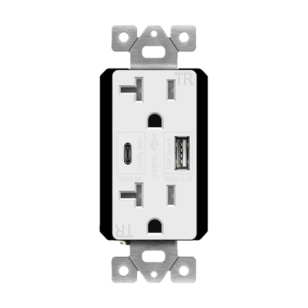 20 Amp Tamper-Resistant Duplex Receptacles with Dual USB Type-C/Type-A Charger 5.8A | White