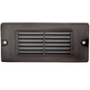5.5 inch brass LED step light, small louvered backless box design, antique bronze, gun metal, and silver finishes with frosted lens
