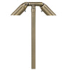 Double Head Path Light with two adjustable brass heads on a T-shaped stem, available in Antique Bronze and Gun Metal finishes, with 12", 18", or 24" stem lengths, MR-11 LED compatible.
