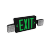 LED Exit & Emergency Combo Light with red EXIT sign, dual adjustable LED lamp heads, and durable thermoplastic housing.