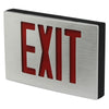 Die-cast aluminum exit sign with red LED letters, available in single or double face, wall or ceiling mounted, with battery backup for emergency lighting
