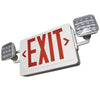 LED Exit & Emergency Combo Light with red EXIT sign, dual adjustable LED lamp heads, and durable thermoplastic housing.