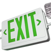 LED Exit & Emergency Combo Light with red EXIT sign, dual adjustable LED lamp heads, and durable thermoplastic housing.