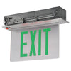 Recessed edgelit aluminum LED exit sign with ultra-clear acrylic panel, red or green illumination, NiCd battery backup, and dual 120/277V operation.