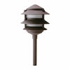 3W LED pagoda light with die-cast aluminum bronze or black powder-coated finish, featuring a heavy-duty clear glass lens, integrated 200-lumen SMD LED, 3000K warm white light, 360-degree beam angle, IP67 waterproof rating, ideal for outdoor pathways and gardens.
