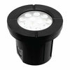 4-inch LED well light, 6W, 12-24V AC/DC, die-cast aluminum housing, IP65 waterproof, traffic-rated, 3000K warm white and RGB color-changing, 500 lumens, CRI ≥ 90, 52° beam angle, integrated LED, 3-inch PVC sleeve with knockouts, suitable for wet locations