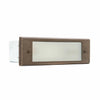 9-3/8" LED step light with solid brass faceplate in antique bronze or aged nickel finish, powder-coated galvanized steel housing, front glass lens with foam gasket, 3W integrated SMD LED, 200 lumens, 90° beam angle, 3000K, 12V AC/DC, IP67 rated.