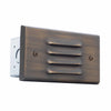 5-5/8" LED step light with solid brass antique bronze faceplate and powder-coated galvanized steel housing, featuring a glass lens, 3W integrated SMD LED module, 200 lumens output, 90° beam angle, 3000K warm white light, 12V AC/DC, IP67 rated.