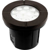 4-inch LED well light, 6W, 12-24V AC/DC, die-cast aluminum housing, IP65 waterproof, traffic-rated, 3000K warm white and RGB color-changing, 500 lumens, CRI ≥ 90, 52° beam angle, integrated LED, 3-inch PVC sleeve with knockouts, suitable for wet locations