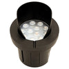 4-inch LED well light, 6W, 12-24V AC/DC, die-cast aluminum housing, IP65 waterproof, traffic-rated, 3000K warm white and RGB color-changing, 500 lumens, CRI ≥ 90, 52° beam angle, integrated LED, 3-inch PVC sleeve with knockouts, suitable for wet locations