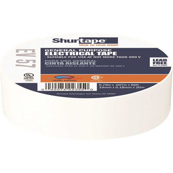 Shurtape EV 57 General Purpose Electrical Tape, UL Listed, WHITE, 7 mils, 3/4 in. x 66 ft. [10 Rolls]