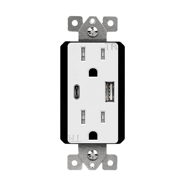 15 Amp Tamper-Resistant Decorator Receptacles with Dual USB Type-C/Type-A Charger 3.6A | White