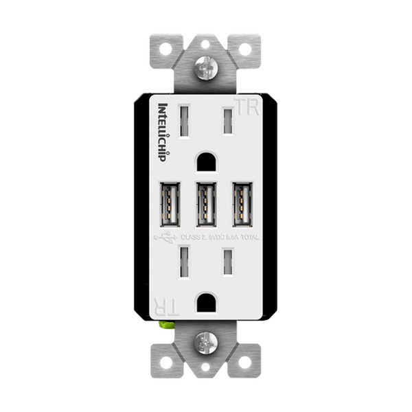 15 Amp Tamper-Resistant Decorator Receptacle with Triple USB Type-A Charger 5.8A | White