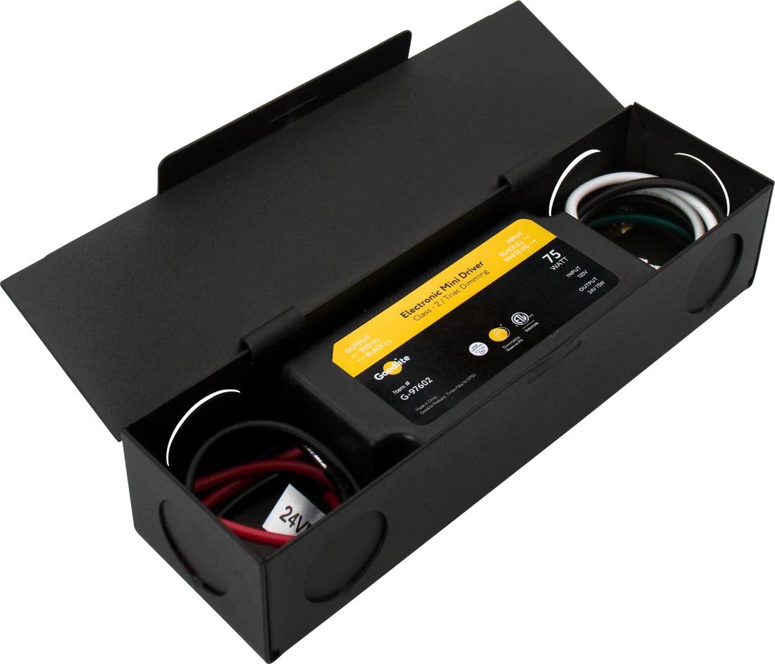 75W mini 24V electronic LED driver with compact housing, Triac ELV dimming, IP66 waterproof enclosure, and Class 2 ETL certification