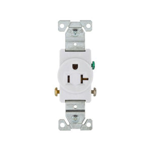 Eaton 1877W-BOX 20A commercial single receptacle, 125V flush mount with side wire terminals, featuring a nylon face and PVC bottom in white, NEMA 5-20R configuration, UL/cULus listed.