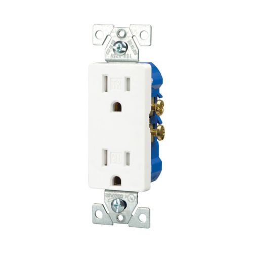Eaton TR1107W white tamper-resistant 15A decorator duplex receptacle, 125V residential grade outlet with screw terminals, impact-resistant thermoplastic face, PVC body, and straight blade design.