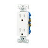 Eaton TR1107W white tamper-resistant 15A decorator duplex receptacle, 125V residential grade outlet with screw terminals, impact-resistant thermoplastic face, PVC body, and straight blade design.