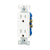 Eaton TR1107W white tamper-resistant 15A decorator duplex receptacle, 125V residential grade outlet with screw terminals, impact-resistant thermoplastic face, PVC body, and straight blade design.