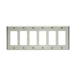 Eaton 93406-BOX 6-gang decorator/GFCI wallplate in brushed stainless steel with six rectangular cutouts, standard size, durable metal construction for commercial or residential use.