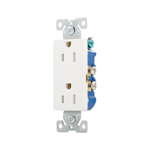 Eaton TR1107W white tamper-resistant 15A decorator duplex receptacle, 125V residential grade outlet with screw terminals, impact-resistant thermoplastic face, PVC body, and straight blade design.