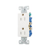 Eaton TR1107W white tamper-resistant 15A decorator duplex receptacle, 125V residential grade outlet with screw terminals, impact-resistant thermoplastic face, PVC body, and straight blade design.
