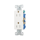 Eaton TR1107W white tamper-resistant 15A decorator duplex receptacle, 125V residential grade outlet with screw terminals, impact-resistant thermoplastic face, PVC body, and straight blade design.