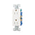 Eaton TR1107W white tamper-resistant 15A decorator duplex receptacle, 125V residential grade outlet with screw terminals, impact-resistant thermoplastic face, PVC body, and straight blade design.