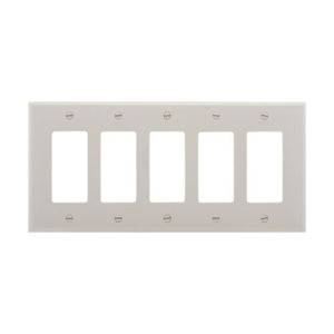 Eaton 5-gang decorator wallplate PJ265W, mid-size, 10.37 x 4.87 inches, 0.08-inch depth, white thermoplastic, UL and cULus listed, RoHS compliant, fits five GFCI or decorator devices