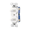 Eaton 271W-BOX commercial grade combination switch with dual single-pole toggle controls, white thermoplastic body, 15A 120/277V, back and side wiring.