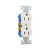 Eaton 270W 15A Duplex Receptacle in White – Standard Residential/Commercial Grade, 125V, Impact-Resistant Thermoplastic with Side and Push Wiring, NEMA 5-15R Configuration.