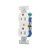 Eaton 270W 15A Duplex Receptacle in White – Standard Residential/Commercial Grade, 125V, Impact-Resistant Thermoplastic with Side and Push Wiring, NEMA 5-15R Configuration.