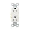 Eaton TR1107W white tamper-resistant 15A decorator duplex receptacle, 125V residential grade outlet with screw terminals, impact-resistant thermoplastic face, PVC body, and straight blade design.