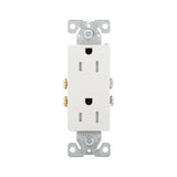 Eaton TR1107W white tamper-resistant 15A decorator duplex receptacle, 125V residential grade outlet with screw terminals, impact-resistant thermoplastic face, PVC body, and straight blade design.