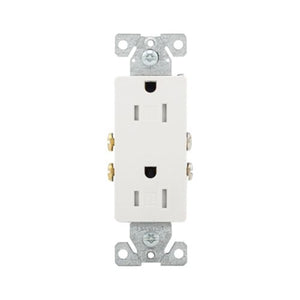 Eaton TR1107W white tamper-resistant 15A decorator duplex receptacle, 125V residential grade outlet with screw terminals, impact-resistant thermoplastic face, PVC body, and straight blade design.