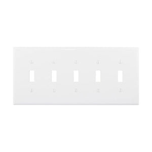 Eaton PJ5W 5-gang white toggle wallplate, mid-size polycarbonate design with five toggle switch openings, durable and RoHS compliant for residential or commercial use.