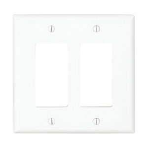 Eaton 2-gang decorator wallplate PJ262W, mid-size, 4.87 x 4.94 inches, 0.08-inch depth, UL and cULus listed, RoHS compliant, white thermoplastic, fits two GFCI or decorator devices