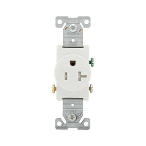 Eaton 20A commercial grade tamper-resistant single receptacle in white with 5-20R configuration, side wire terminals, impact-resistant thermoplastic face, and PVC body – TR1877W-BXSP.
