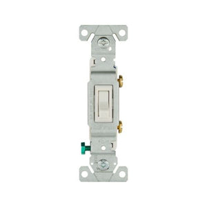Eaton 1301-7W white single-pole residential toggle switch, 15A 120V, flush mount, polycarbonate body, side and push wire terminals, compatible with LED, CFL, incandescent, motor control, and fan loads, cULus listed.