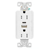 Eaton TRUSBAC15W-BOX white USB Type-A and Type-C charger with 15A duplex tamper-resistant receptacle, decorator-style electrical outlet.