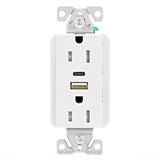 Eaton TRUSBAC15W-BOX white USB Type-A and Type-C charger with 15A duplex tamper-resistant receptacle, decorator-style electrical outlet.