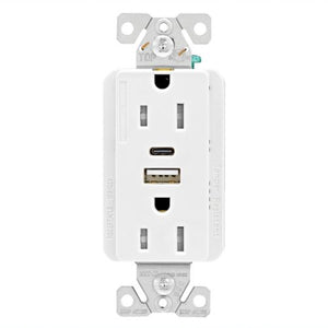 Eaton TRUSBAC15W-BOX white USB Type-A and Type-C charger with 15A duplex tamper-resistant receptacle, decorator-style electrical outlet. - Available at Electrical Marketplace