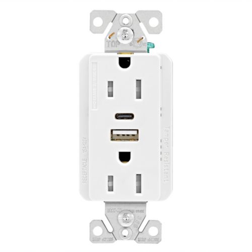 15 Amp Decorator Duplex Receptacle + 5Amp Usb Type A & C Charger | 125V | Tamper Resistant | Commercial Grade