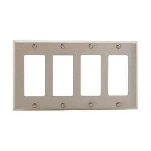 Eaton 93404-BOX 4-gang stainless steel decorator/GFCI wallplate, standard size with four rectangular cutouts, brushed metal finish, designed for commercial and residential electrical installations.