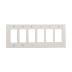 Eaton 6-gang decorator wallplate PJ266W, mid-size, 12.18 x 4.87 inches, 0.08-inch depth, white thermoplastic, UL and cULus listed, RoHS compliant, fits six GFCI or decorator devices