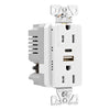 Eaton TRUSBAC15W-BOX white USB Type-A and Type-C charger with 15A duplex tamper-resistant receptacle, decorator-style electrical outlet.